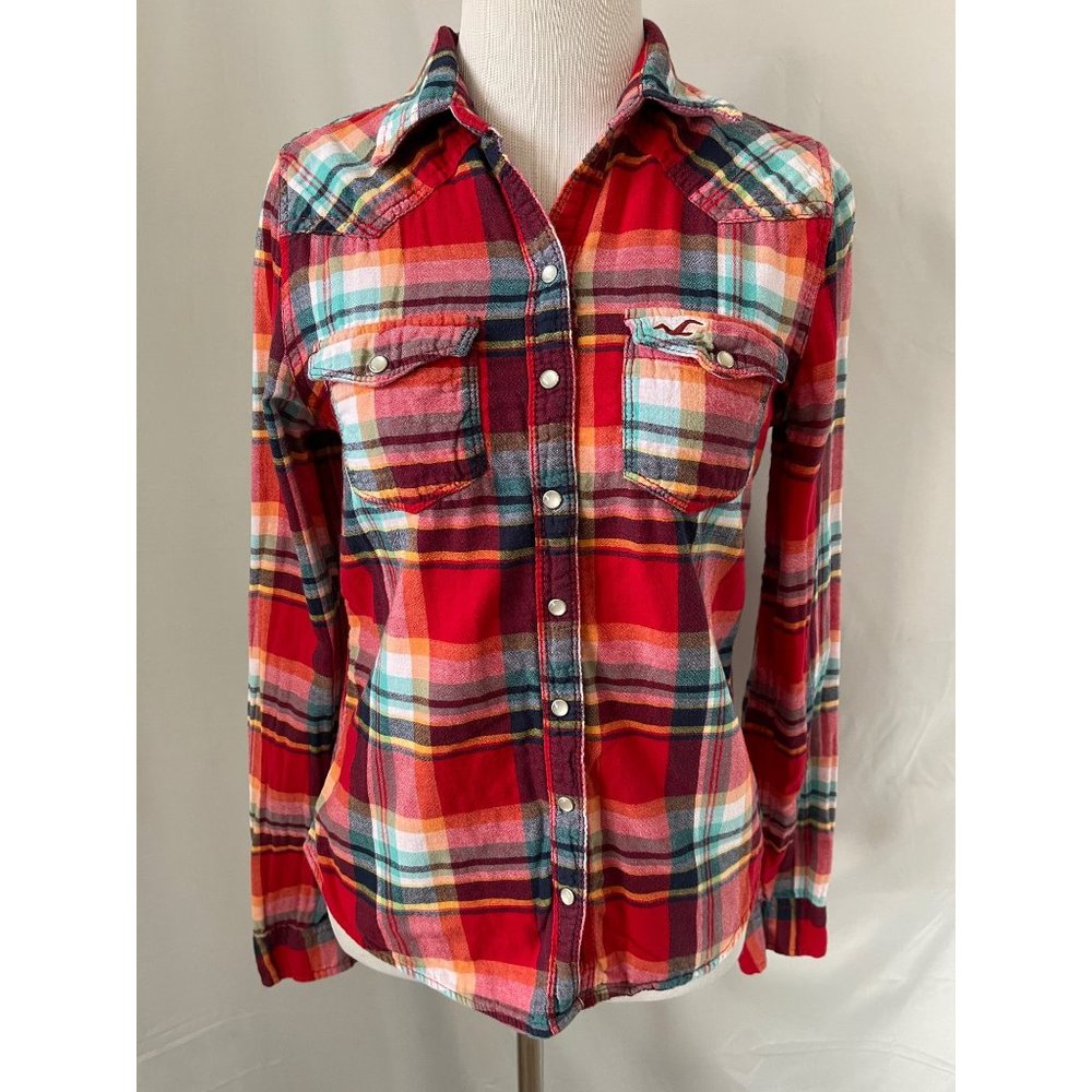 Hollister Plaid Long Sleeve Snap Front Shirt - Red / Black / Blue / White